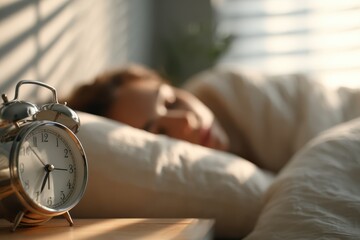 Close up of an alarm clock on a bedside table with a woman sleeping peacefully in the background, soft morning light streaming through window blinds