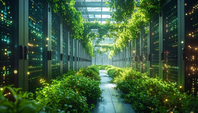 Walking Through Server Room with Green Plants Growing