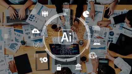 A collaborative workspace where diverse professionals engage in data analysis and strategic discussions, utilizing digital tools and innovative designs for enhanced productivity. Raster - Powered by Adobe