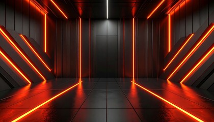 Abstract futuristic tunnel with vibrant orange neon light tubes on dark metallic walls. Modern sci-fi corridor interior background concept for virtual reality