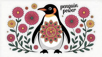 Penguin with Mandala Flowers Cheerful Vector