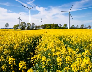 Vast yellow field with wind turbines