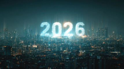 Digital cityscape at night with glowing numbers 2026 representing future, showcasing urban development and technology advancements in vibrant metropolis