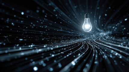 Glowing light bulb illuminates dark, swirling background filled with sparkling particles, creating sense of depth and motion. scene evokes feelings of inspiration and creativity