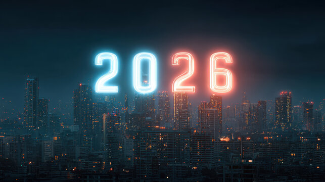 Vibrant city skyline at night showcases glowing neon numbers 2026, symbolizing future. illuminated buildings create dynamic atmosphere, reflecting hope and excitement for upcoming year