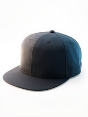 Fototapeta premium Sleek Black Flat-Brim Cap . 4A modern, blank black flat-brimmed cap is showcased at an angle on a clean white background. The cap has a subtle red tag on the side, adding a small pop of color. The lig
