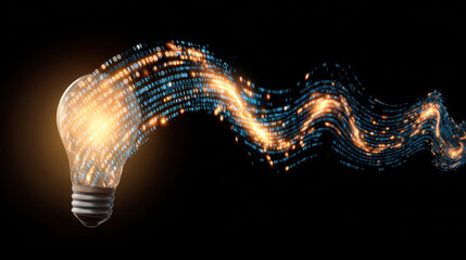 Light bulb emitting glowing binary code, symbolizing innovation and technology. dynamic flow of data represents creativity and modern ideas in digital world