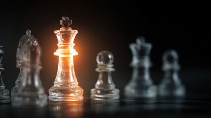 Glowing glass chess king stands prominently among other chess pieces, symbolizing strategy and competition. contrast of light and shadow enhances dramatic effect of scene
