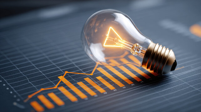 Glowing light bulb symbolizes innovation and creativity, placed on financial graph showcasing growth and progress. image captures essence of ideas illuminating path to success - Powered by Adobe