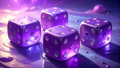 Elegant Purple Dice Composition on Reflective Liquid Surface with Subtle Lighting