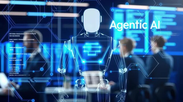 Holographic AI Robot in a Corporate Office. Agentic AI Concept.