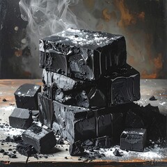 Dark, dense blocks of food on a rustic surface