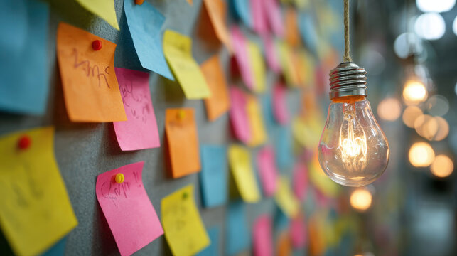 Bright light bulb hanging near colorful sticky notes on wall, creating inspiring workspace atmosphere. vibrant colors of notes add creativity and energy to environment