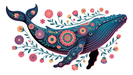 Whale with Floral Mandalas Psychedelic Vector