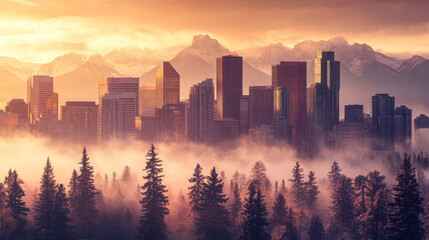 Fototapeta premium Panoramic brown poster of Calgary’s city skyline with misty buildings, sunrise, clouds, and surrounding mountains in Canada.
