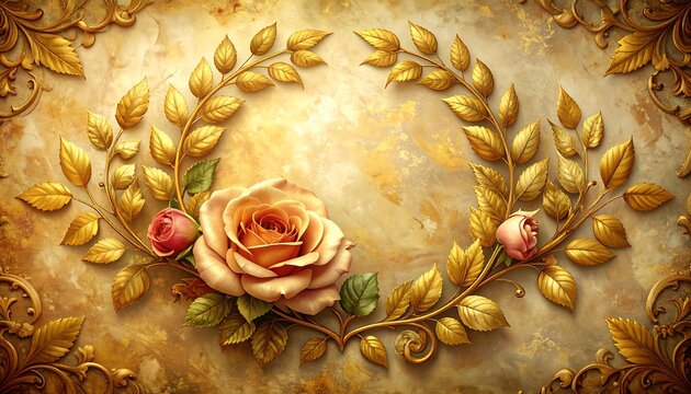 Ornate gold floral frame on a beige textured background