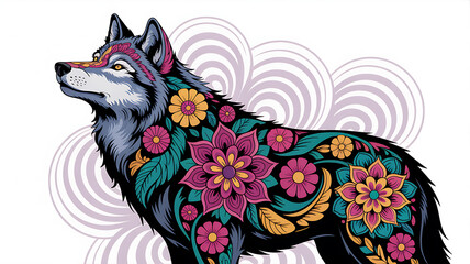 Wolf with Mandala Flowers Psychedelic Style