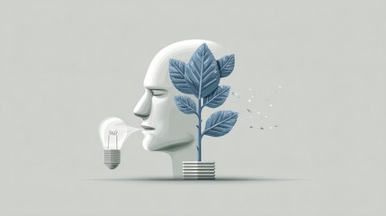 Modern vector logo for World Mental Health Day with flat human head icon, leaf, and lightbulb inside