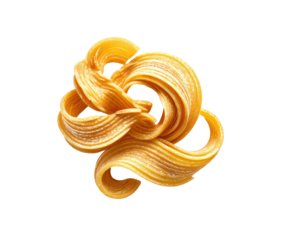 Close-up of a golden, twisted pasta, with ribbons swirling in a circular pattern