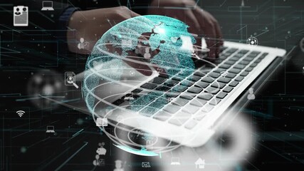 A captivating visual of a person hands typing on a laptop with a globe overlay, symbolizing global connectivity and digital interaction in today world. Xenic - Powered by Adobe