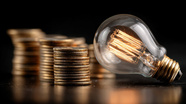 Light bulb rests beside stacks of coins, symbolizing connection between energy and finance. warm glow of bulb contrasts with metallic shine of coins, evoking thoughts of investment and innovation