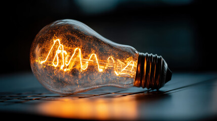 Glowing light bulb with vintage design, showcasing intricate filament patterns that emit warm glow. bulb is placed on dark surface, creating striking contrast and inviting atmosphere