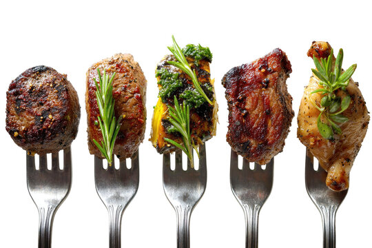 Grilled meats on forks, close-up. Several grilled, seasoned meat pieces, including beef, chicken, and possibly pork, are impaled on forks against a black background.  Fresh herbs adorn some. 