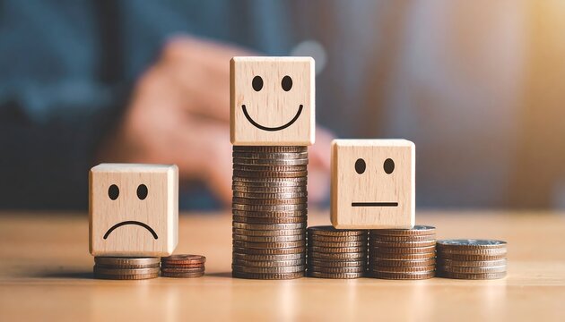 Wooden blocks with smiley faces on stacks of coins