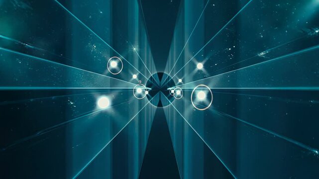 Vibrant digital abstract background featuring intricate patterns of light rays and glowing orbs, symbolizing advanced technology and interconnected data networks and innovation