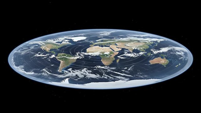 A flat Earth model, depicted as a disc with continents and oceans, challenges conventional spherical representations of our planet.