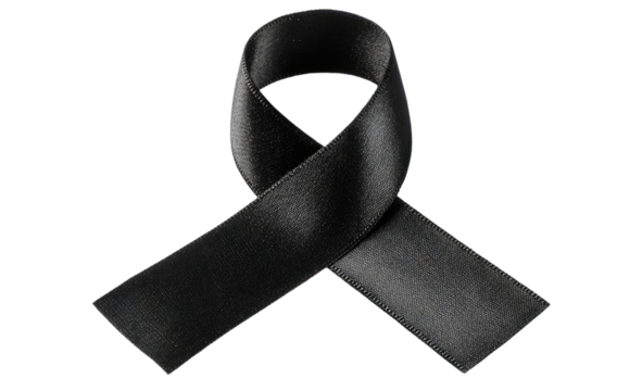 A black ribbon, signifying mourning or remembrance, lies on a pure white background
