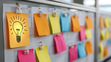 Bright sticky notes arranged on board, featuring light bulb illustration on one note, symbolizing creativity and ideas. colorful notes create engaging workspace atmosphere