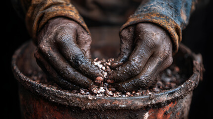 Hands in Action: A close-up view captures the rough hands of a person, meticulously working with raw materials in a rustic environment, hinting at the dedication and craft of the process.