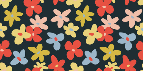 Simple vector floral seamless pattern. Abstract cute colorful background with bold cutout flowers. Childish naive art. Summer botanical texture in pastel colors on black backdrop. Repeating design