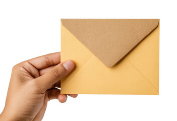 A hand holds a light-yellow envelope with a tan flap