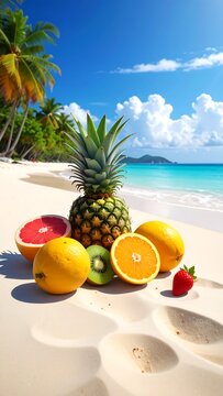 Tropical fruit on a white beach