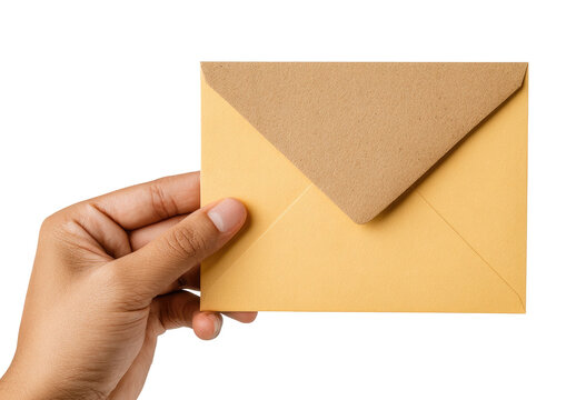 A hand holds a light-yellow envelope with a tan flap