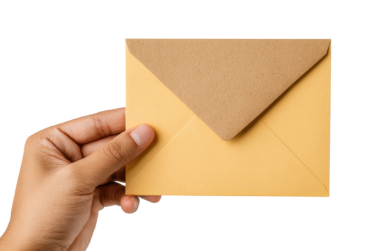 A hand holds a light-yellow envelope with a tan flap