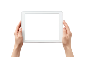 Hands holding a white tablet with blank screen