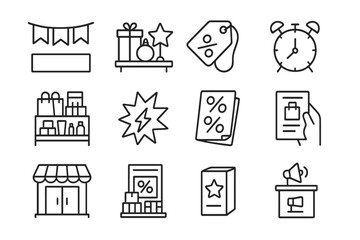 Fototapeta premium Seasonal Promotion Icons. Line style icons of seasonal retail promotions: Black Friday banner icon, holiday decorations on shelf,