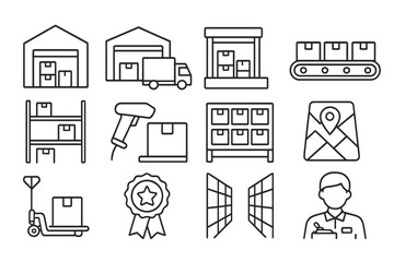 Fulfillment Center Icons. Line style icons of fulfillment centers: warehouse building icon, delivery truck at dock, loading bay
