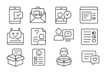 Customer Communication Icons. Line style icons of customer communication: order confirmation message, shipping update email,