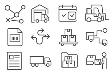 Warehouse Logistics Icons. Line style icons of warehouse logistics: route planning chart, loading truck at bay, delivery schedule