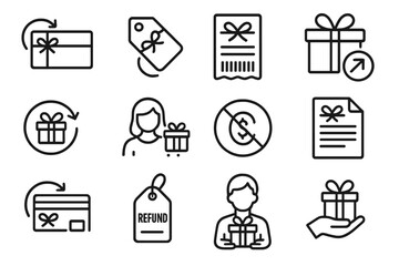 Fototapeta premium Gift Refund Icon Set. Line style icons of gift refunds: gift refund card, exchange or refund tag, gift receipt with barcode,