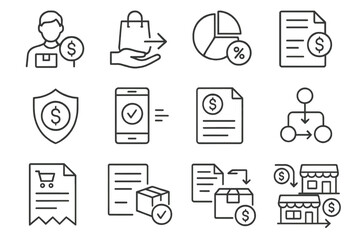 Marketplace Transaction Icons. Line style icons of marketplace transactions: seller payment icon, buyer transfer icon, platform