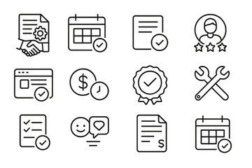 Line Style Service Icons. Line style icons of service purchases: service agreement icon, calendar with appointment slot,