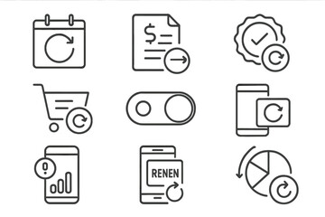 Recurring Purchases Icons. Line style icons of recurring purchases: calendar with auto-renew icon, monthly charge file, scheduled