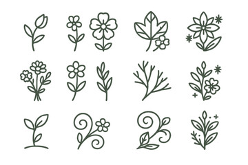 Seasonal Floral Icons. Line style icons of seasonal floral elements: spring bud, summer blossom, autumn leaf with bloom, winter
