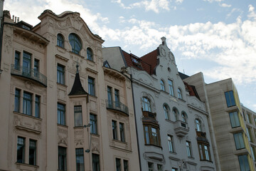 Facade of a historic building. Cultural heritage and architectural detail in an urban environment. 