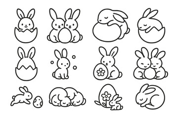 Obraz premium Baby Bunny Egg Icons. Line style icons of baby bunnies with eggs: tiny bunny in egg, twin bunnies with egg, bunny asleep on egg,